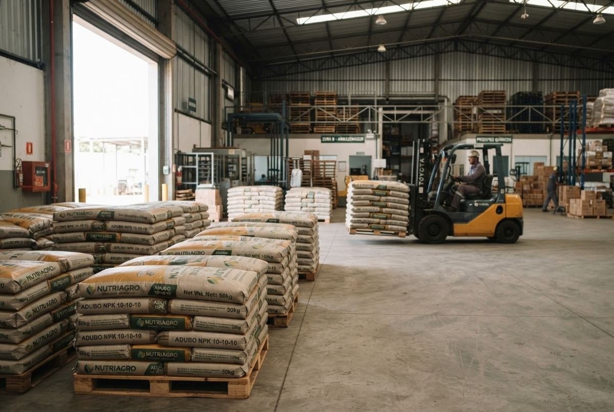 Galpão de distribuição com sacos em paletes e empilhadeira